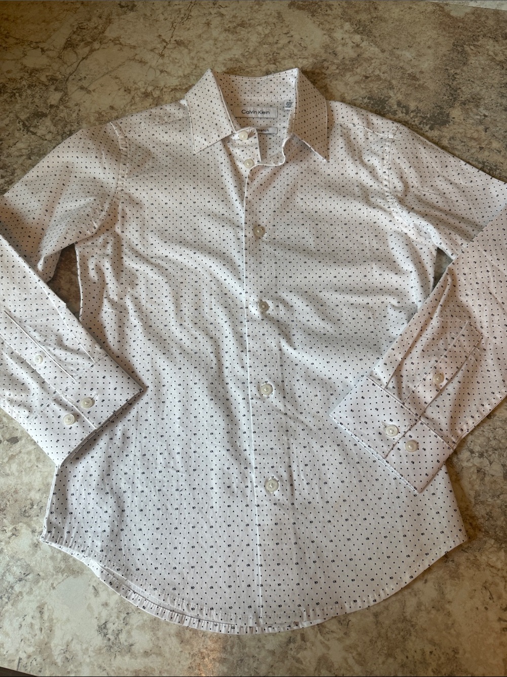 Calvin Klein White Dress Shirt with Black Microdot Pattern, Size US 8 - Picture 3 of 7